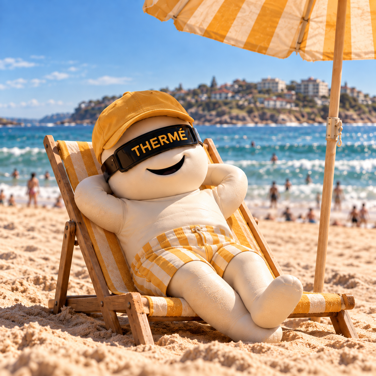 Thermé relaxing on a Bondi Beach deck chair with THERMÉ on his visor